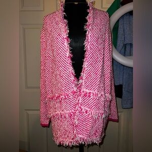 Kasper Pink and White Fringed Cardigan, large